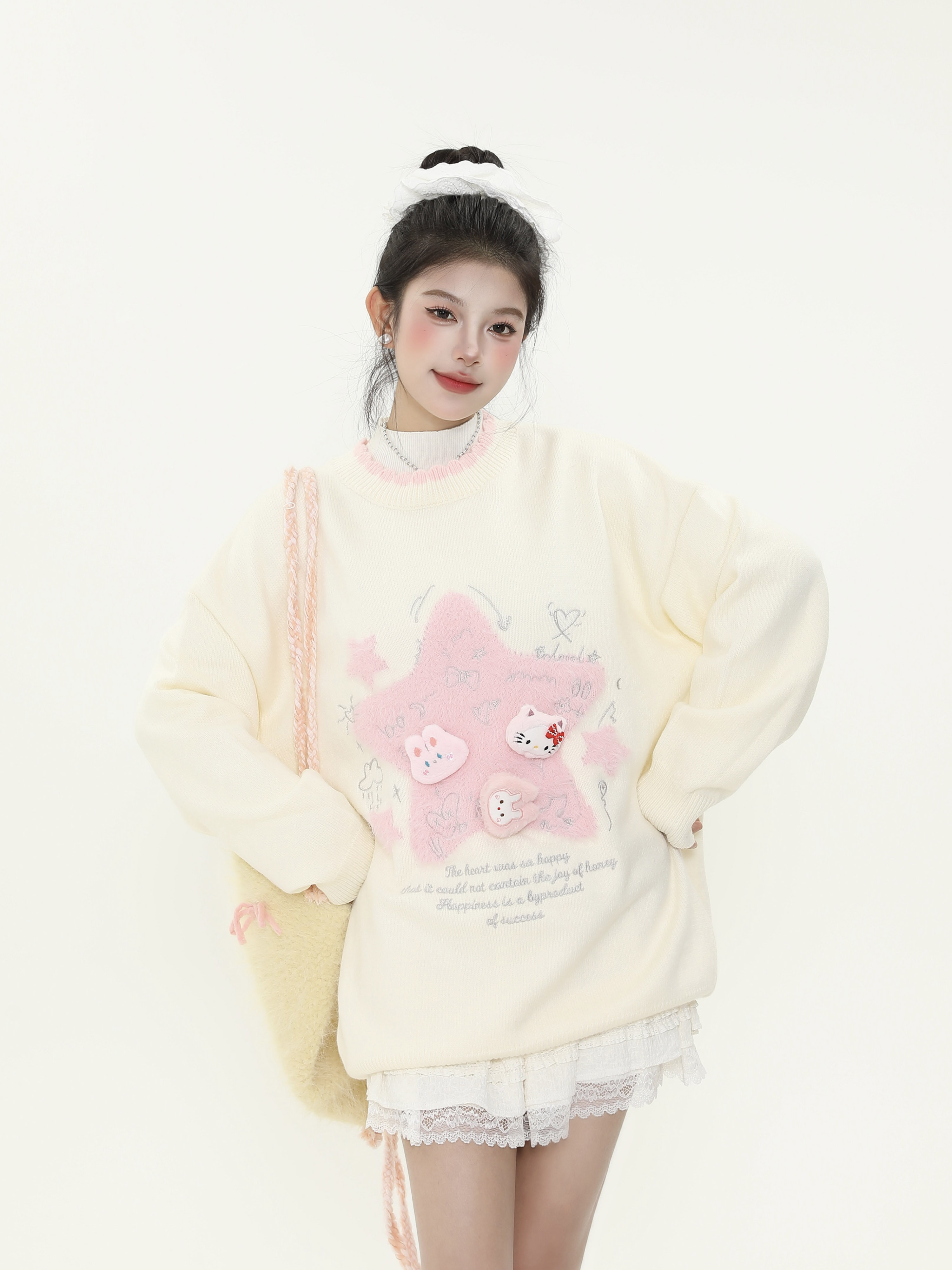 Cute Age-Reducing Star Jacquard Milk Blue Sweater for Women, Loose Lazy Style Knitted Top, Sweet Girl Autumn Winter Fashion