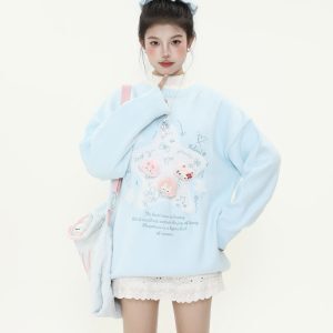 Cute Age-Reducing Star Jacquard Milk Blue Sweater for Women, Loose Lazy Style Knitted Top, Sweet Girl Autumn Winter Fashion