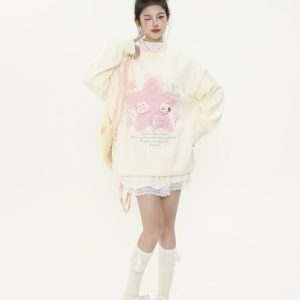 Cute Age-Reducing Star Jacquard Milk Blue Sweater for Women, Loose Lazy Style Knitted Top, Sweet Girl Autumn Winter Fashion