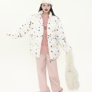 Cute All-Over Print Dog Paw Stand Collar Thick Cotton Winter Coat for Women - Warm Jacket for Y2K Style and Dog Lovers