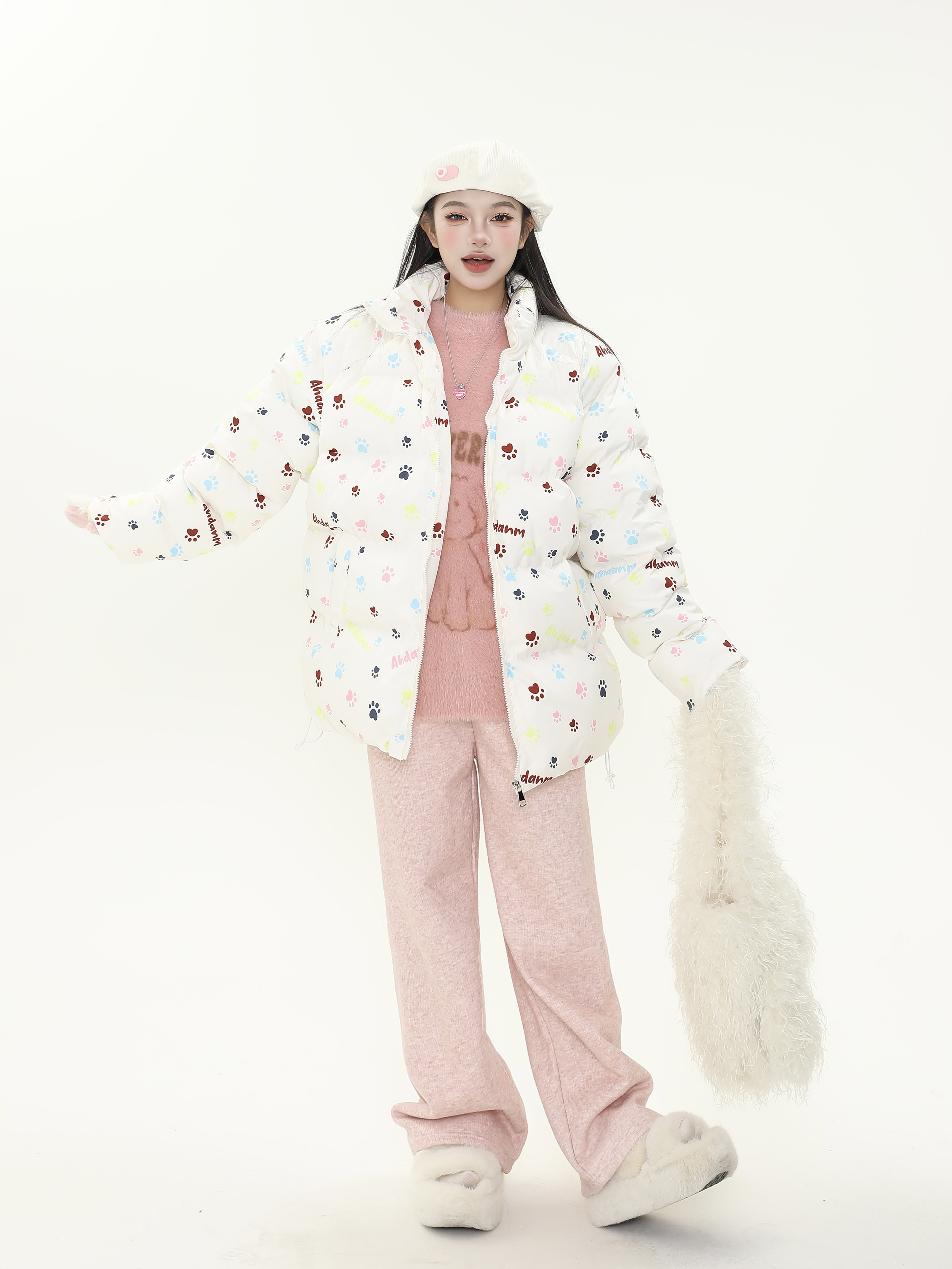 Cute All-Over Print Dog Paw Stand Collar Thick Cotton Winter Coat for Women - Warm Jacket for Y2K Style and Dog Lovers
