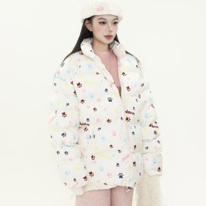 Cute All-Over Print Dog Paw Stand Collar Thick Cotton Winter Coat for Women - Warm Jacket for Y2K Style and Dog Lovers