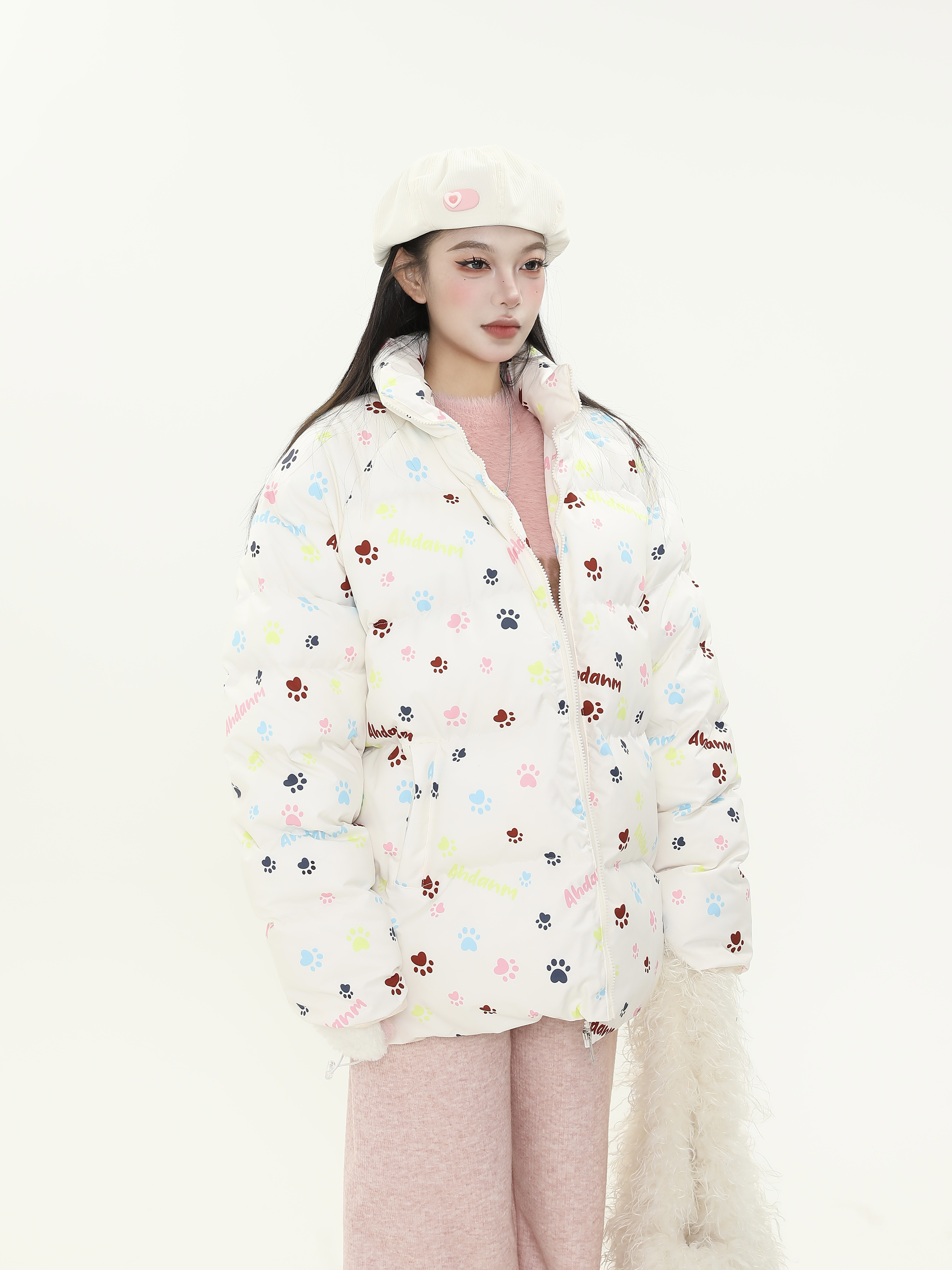 Cute All-Over Print Dog Paw Stand Collar Thick Cotton Winter Coat for Women - Warm Jacket for Y2K Style and Dog Lovers