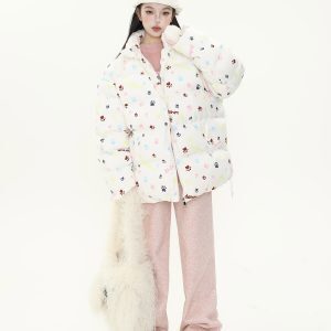 Cute All-Over Print Dog Paw Stand Collar Thick Cotton Winter Coat for Women - Warm Jacket for Y2K Style and Dog Lovers