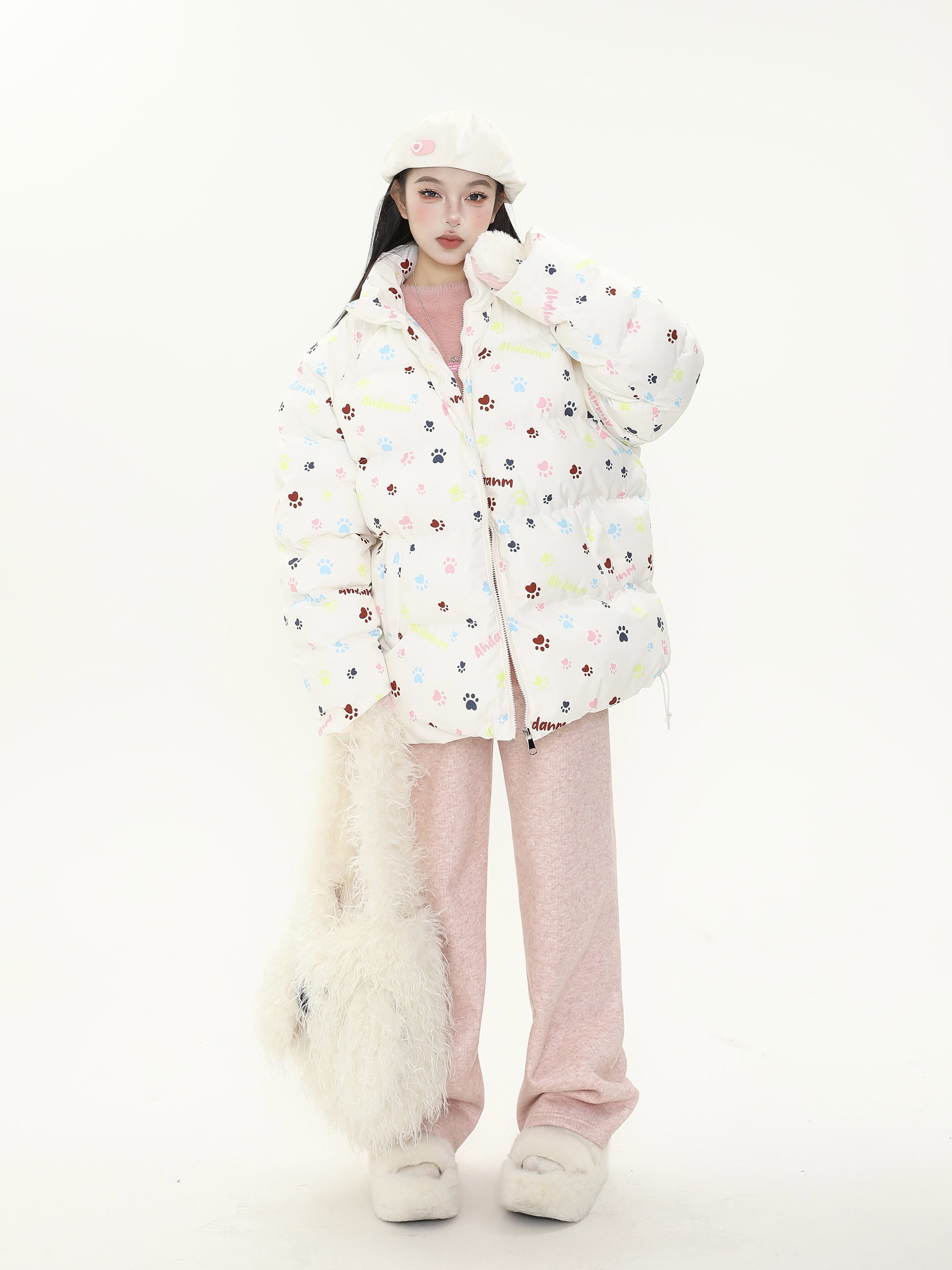 Cute All-Over Print Dog Paw Stand Collar Thick Cotton Winter Coat for Women - Warm Jacket for Y2K Style and Dog Lovers