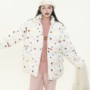 Cute All-Over Print Dog Paw Stand Collar Thick Cotton Winter Coat for Women - Warm Jacket for Y2K Style and Dog Lovers