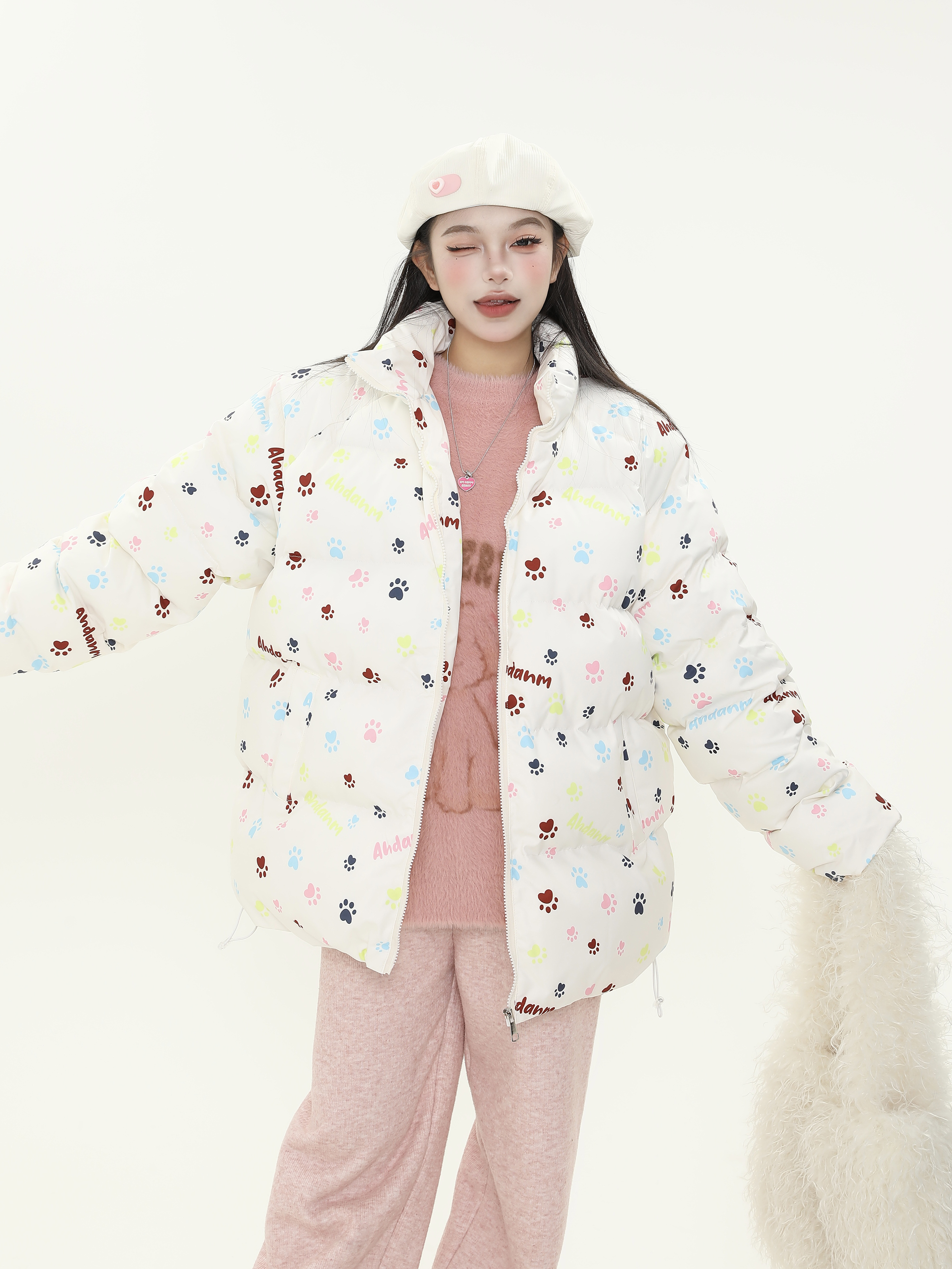 Cute All-Over Print Dog Paw Stand Collar Thick Cotton Winter Coat for Women - Warm Jacket for Y2K Style and Dog Lovers