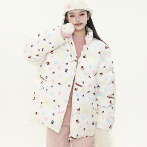 Cute All-Over Print Dog Paw Stand Collar Thick Cotton Winter Coat for Women - Warm Jacket for Y2K Style and Dog Lovers