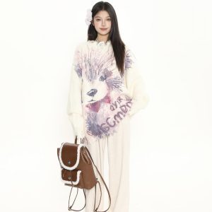 Cute Big Dog Print Loose Sweater for Women - Irregular Fringe Knit Top for Autumn Winter Casual Style