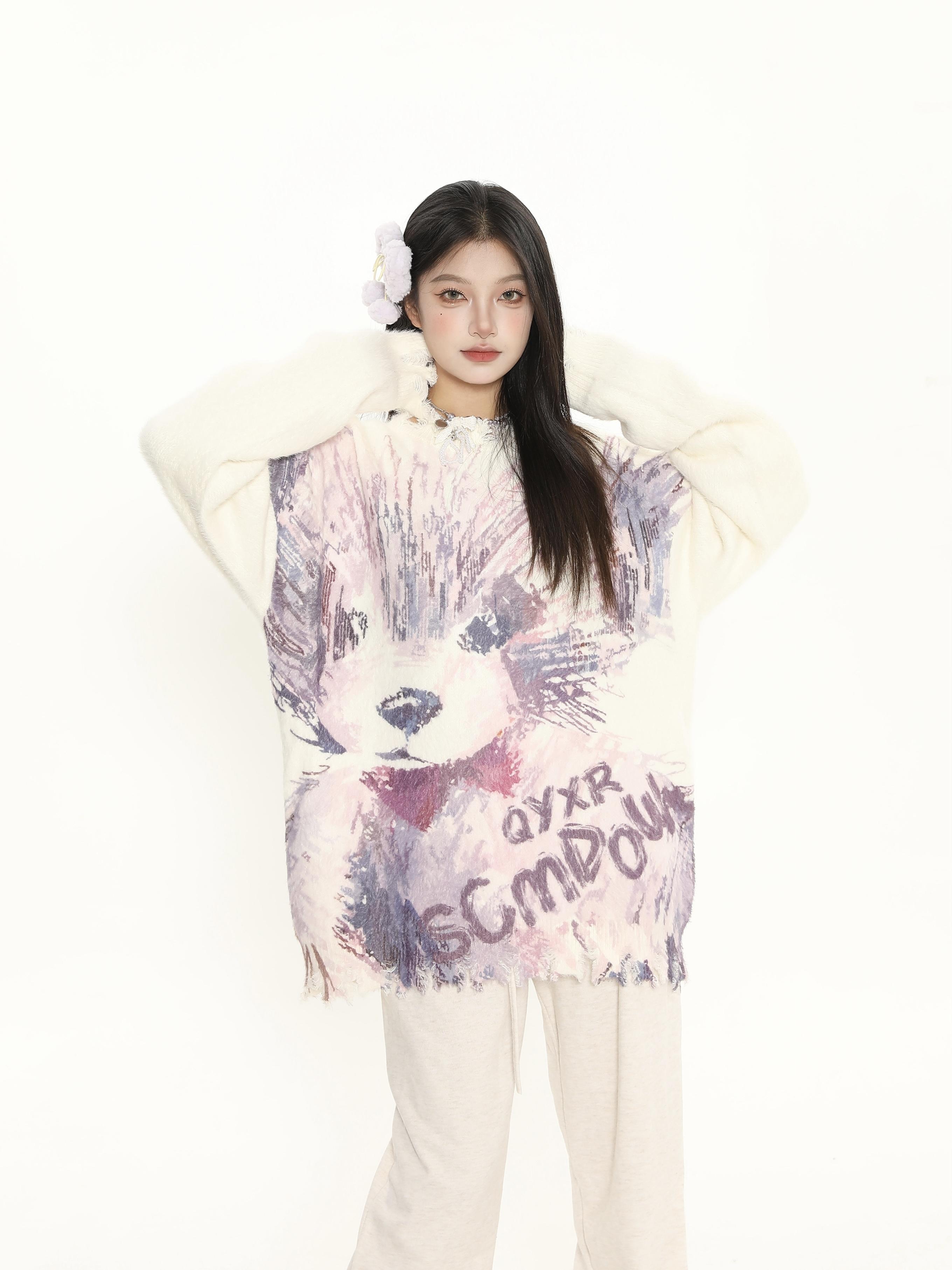 Cute Big Dog Print Loose Sweater for Women - Irregular Fringe Knit Top for Autumn Winter Casual Style