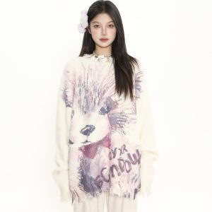 Cute Big Dog Print Loose Sweater for Women - Irregular Fringe Knit Top for Autumn Winter Casual Style
