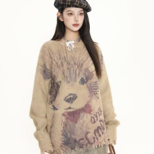 Cute Big Dog Print Loose Sweater for Women - Irregular Fringe Knit Top for Autumn Winter Casual Style