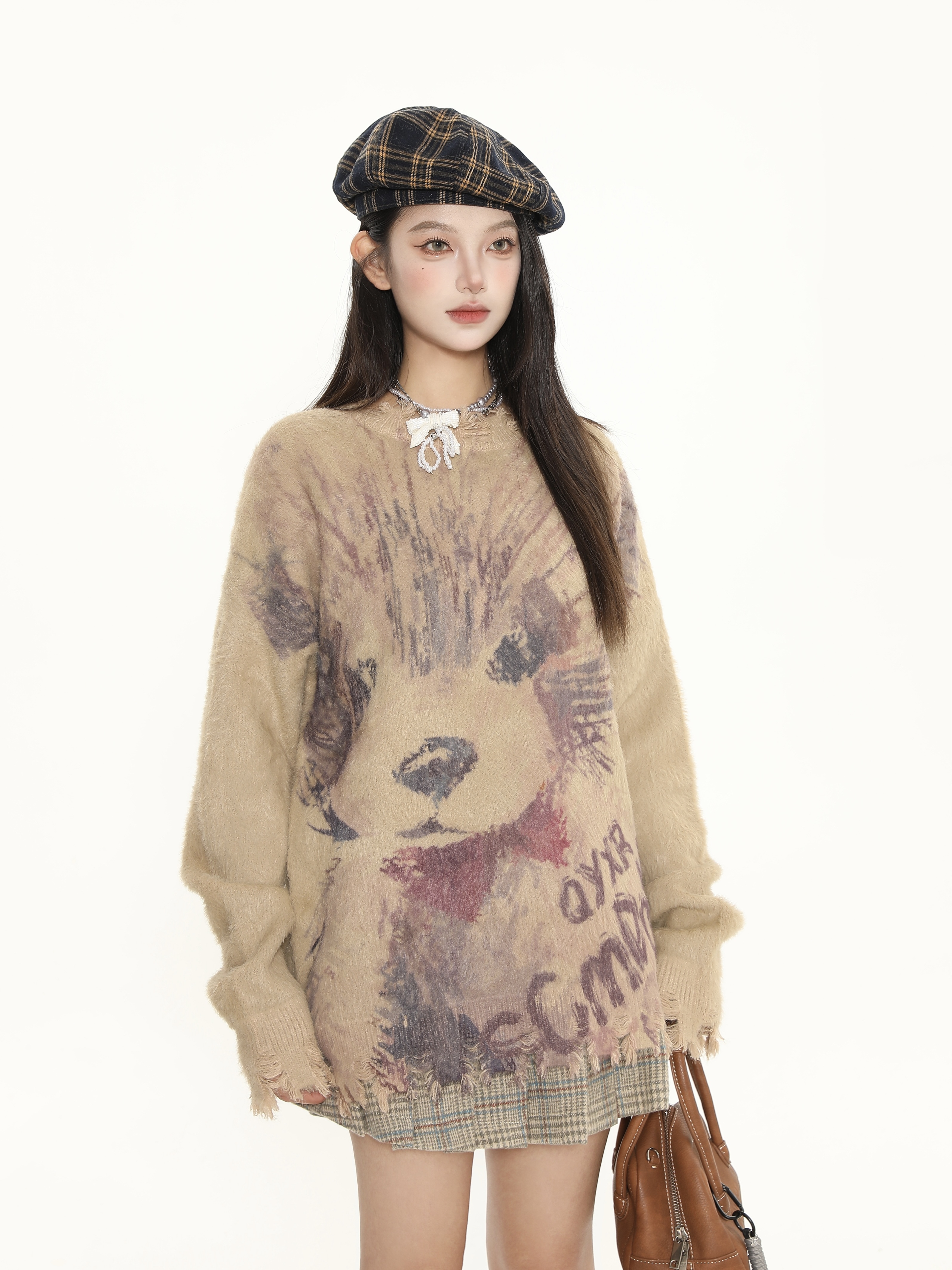 Cute Big Dog Print Loose Sweater for Women - Irregular Fringe Knit Top for Autumn Winter Casual Style