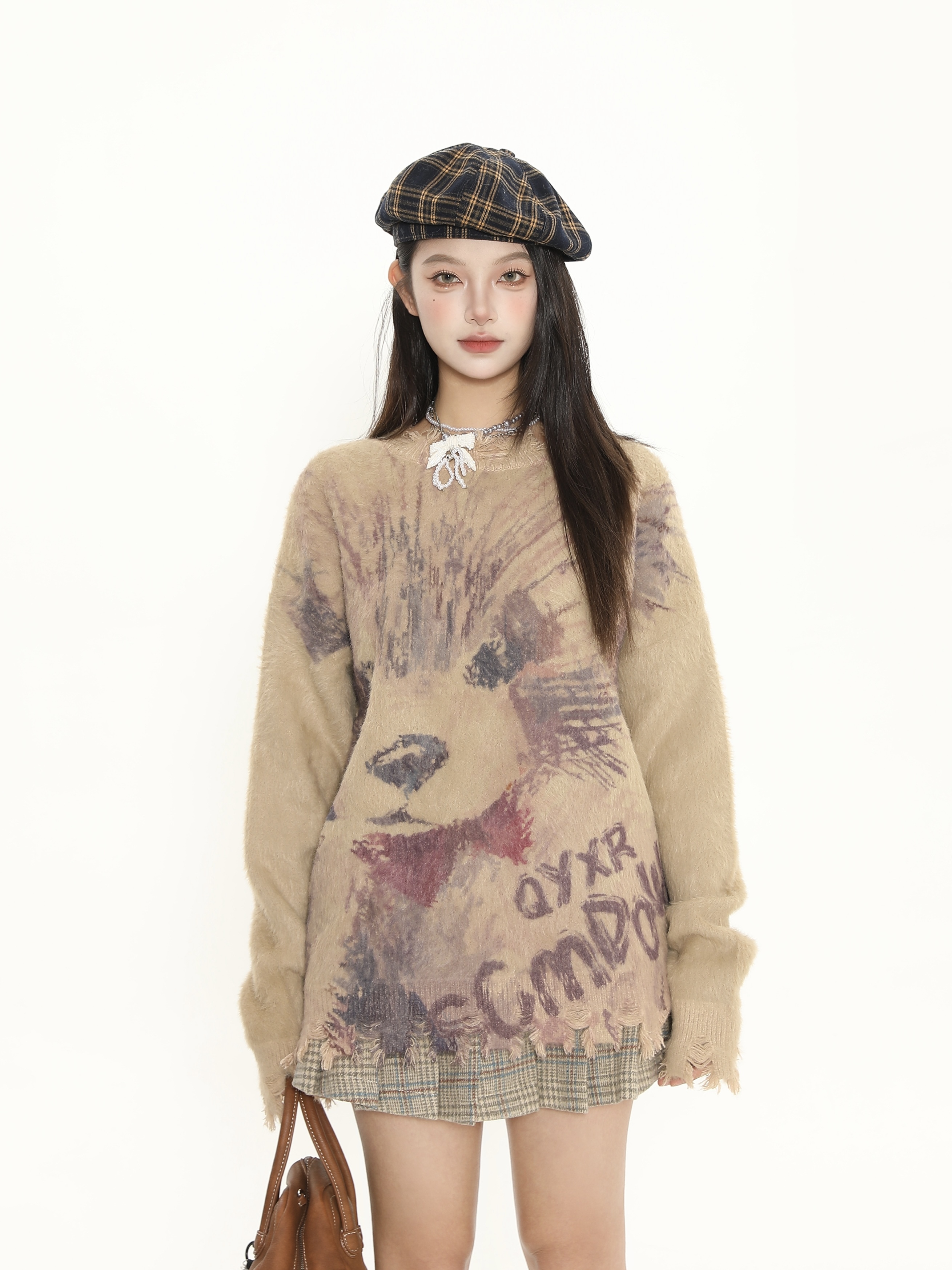Cute Big Dog Print Loose Sweater for Women - Irregular Fringe Knit Top for Autumn Winter Casual Style