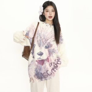 Cute Big Dog Print Loose Sweater for Women - Irregular Fringe Knit Top for Autumn Winter Casual Style