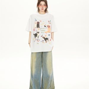 Cute Cartoon Dog Print White Short-Sleeve T-Shirt for Women - American Style Casual Summer Top 2025
