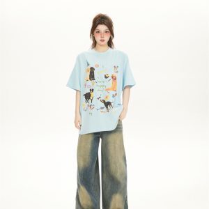 Cute Cartoon Dog Print White Short-Sleeve T-Shirt for Women - American Style Casual Summer Top 2025