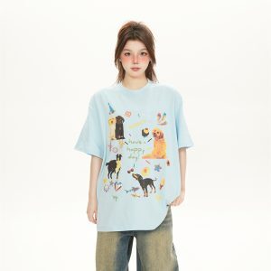 Cute Cartoon Dog Print White Short-Sleeve T-Shirt for Women - American Style Casual Summer Top 2025