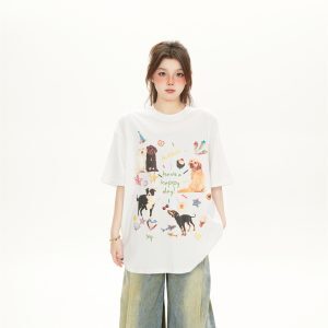 Cute Cartoon Dog Print White Short-Sleeve T-Shirt for Women - American Style Casual Summer Top 2025