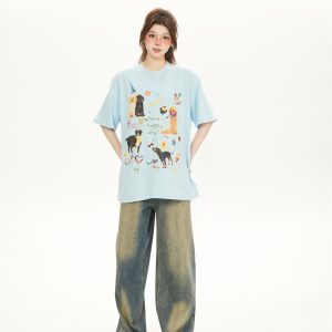 Cute Cartoon Dog Print White Short-Sleeve T-Shirt for Women - American Style Casual Summer Top 2025