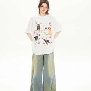Cute Cartoon Dog Print White Short-Sleeve T-Shirt for Women - American Style Casual Summer Top 2025