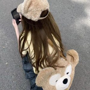 Cute Cartoon Duffy Bear Plush Backpack - Big Face Shoulder Crossbody Bag in Kawaii Style - Adorable Teddy Bear Design