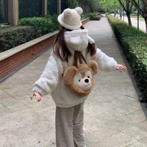 Cute Cartoon Duffy Bear Plush Backpack - Big Face Shoulder Crossbody Bag in Kawaii Style - Adorable Teddy Bear Design