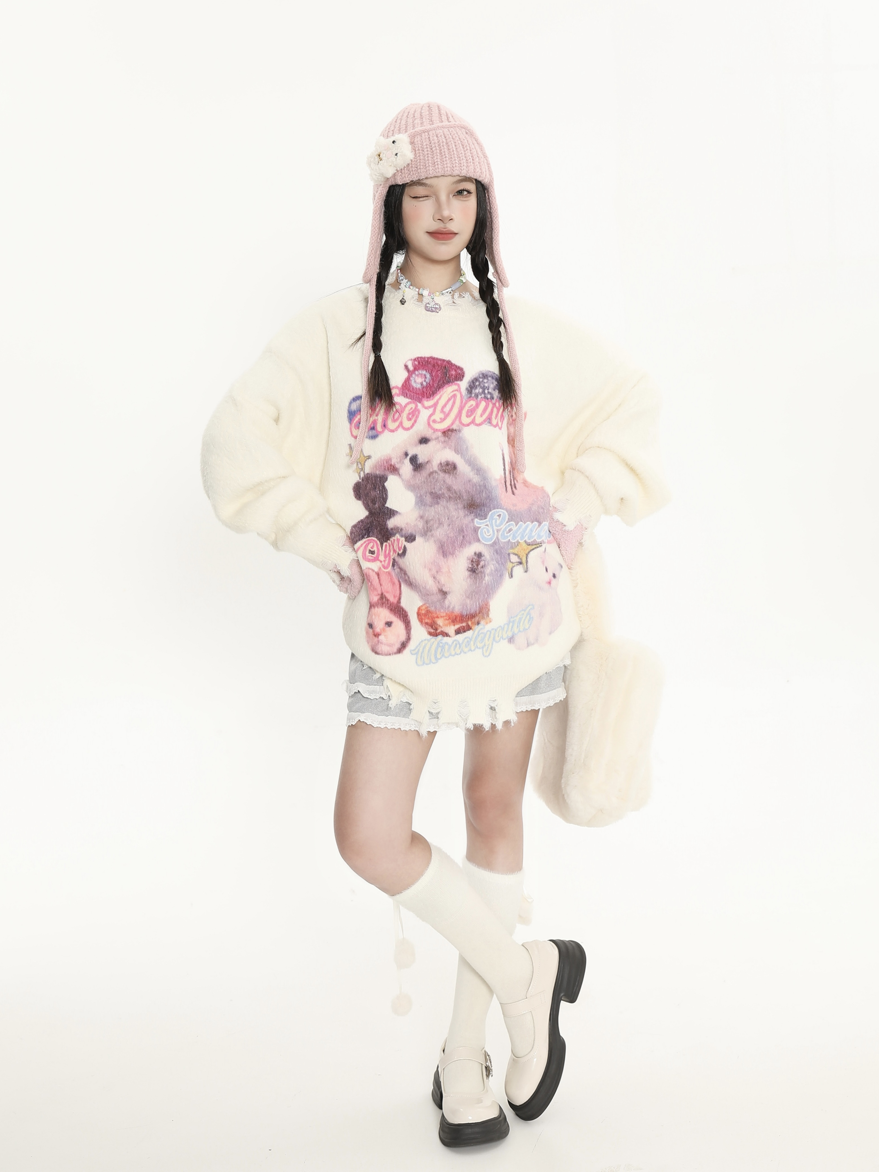 Cute Cartoon Print Knitted Top for Cats and Dogs, Loose Fit Soft Sweater for Women, Cozy Autumn Winter Fashion