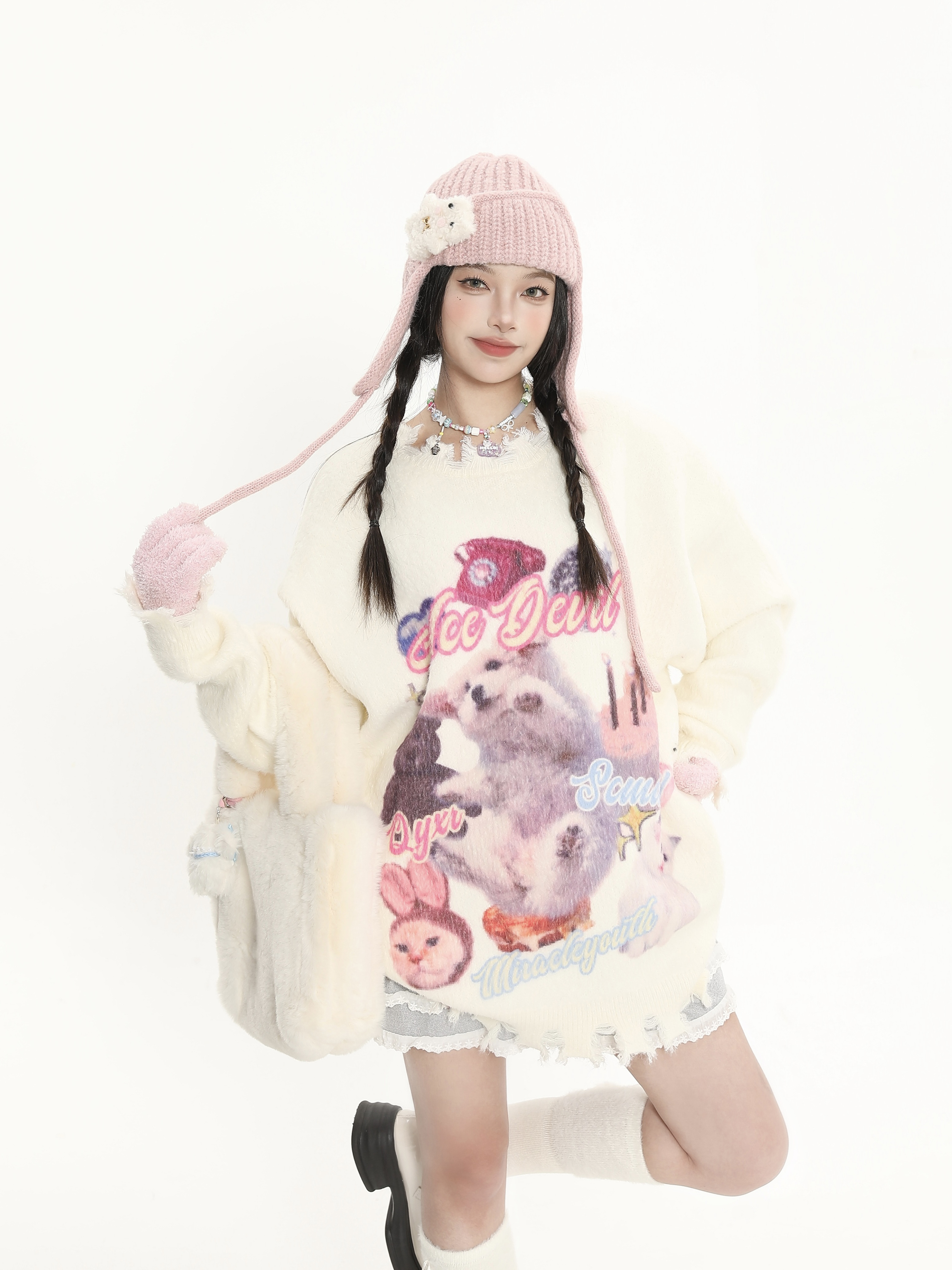 Cute Cartoon Print Knitted Top for Cats and Dogs, Loose Fit Soft Sweater for Women, Cozy Autumn Winter Fashion