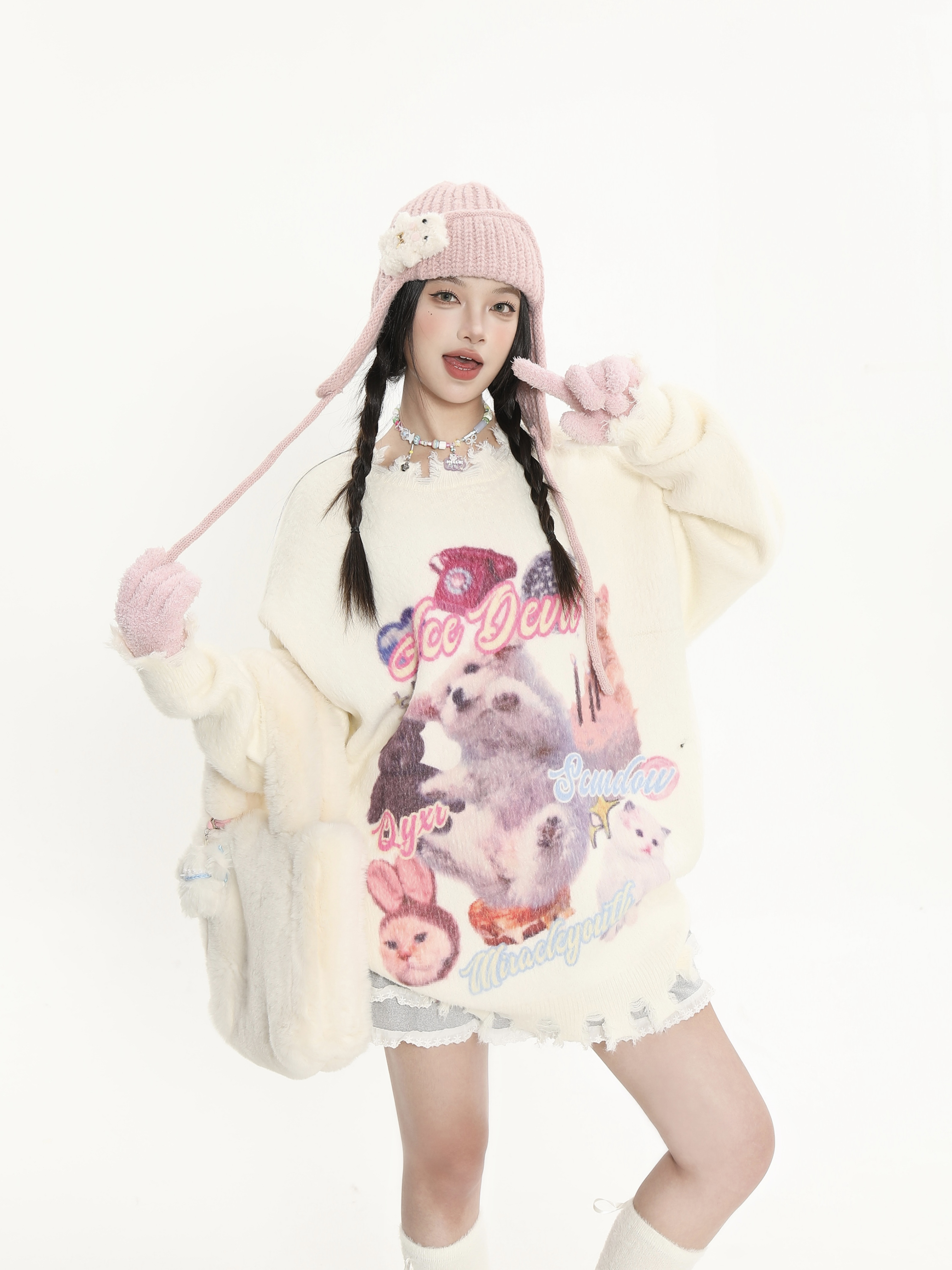 Cute Cartoon Print Knitted Top for Cats and Dogs, Loose Fit Soft Sweater for Women, Cozy Autumn Winter Fashion