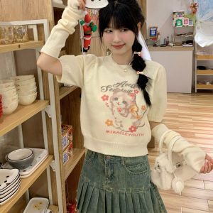 Cute Cat Print Short Sleeve Knitted Top for Women - Slimming Early Autumn Style, Youthful Sweet Girl Fashion