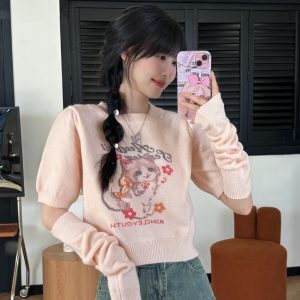 Cute Cat Print Short Sleeve Knitted Top for Women - Slimming Early Autumn Style, Youthful Sweet Girl Fashion