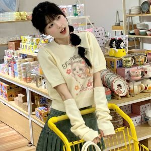 Cute Cat Print Short Sleeve Knitted Top for Women - Slimming Early Autumn Style, Youthful Sweet Girl Fashion