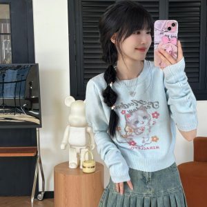 Cute Cat Print Short Sleeve Knitted Top for Women - Slimming Early Autumn Style, Youthful Sweet Girl Fashion
