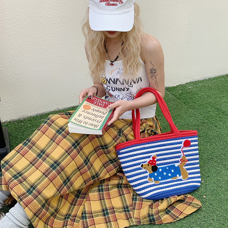 Cute Dachshund Woven Tote Bag for Women, 2025 New Style Handheld Commuting & Beach Vacation Bucket Bag