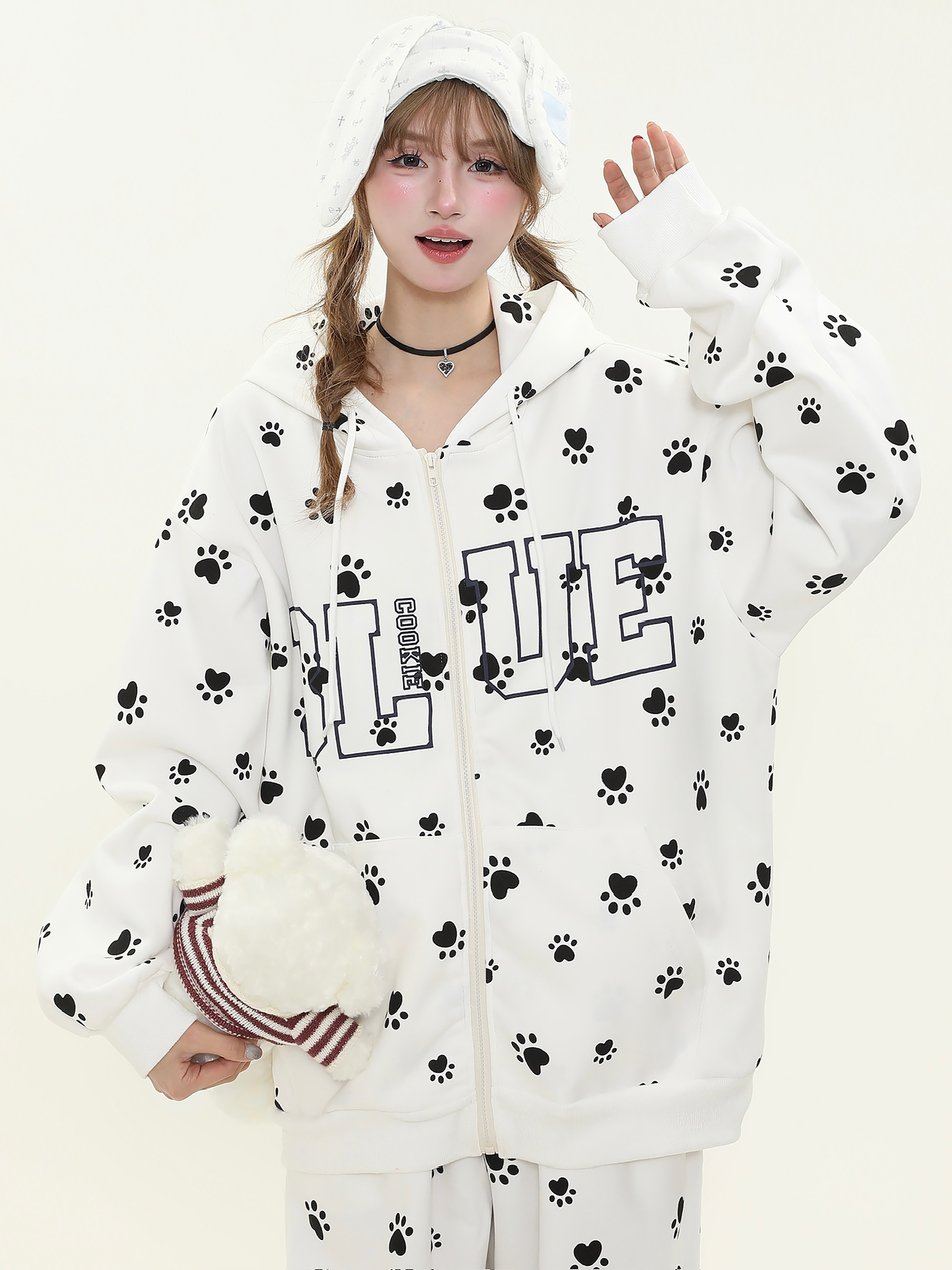 Cute Dog Paw Print Hoodie and Long Pants Two-Piece Set - Sweet Casual Outfit for Spring 2025, Perfect for Girls, Trendy Dog Lover Style