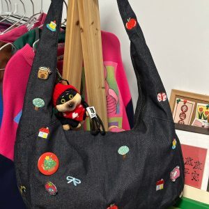 Cute Embroidered Denim Women's Crossbody Bag, Stylish Shoulder Commuter Bag for Students, Trendy Ins Fabric Design