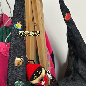 Cute Embroidered Denim Women's Crossbody Bag, Stylish Shoulder Commuter Bag for Students, Trendy Ins Fabric Design