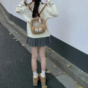 Cute Fluffy Duffy Bear Plush Backpack - Large Capacity Commuter Shoulder Tote Crossbody Bag for Y2K and Korean Style Fashion