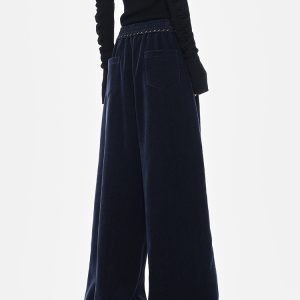 Dark Blue Chenille Wide Leg Casual Pants with Drawstring - Thickened Straight Leg Design for Autumn/Winter 90s Style