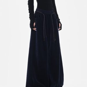 Dark Blue Chenille Wide Leg Casual Pants with Drawstring - Thickened Straight Leg Design for Autumn/Winter 90s Style
