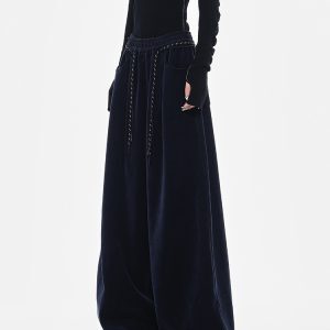 Dark Blue Chenille Wide Leg Casual Pants with Drawstring - Thickened Straight Leg Design for Autumn/Winter 90s Style