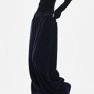 Dark Blue Chenille Wide Leg Casual Pants with Drawstring - Thickened Straight Leg Design for Autumn/Winter 90s Style