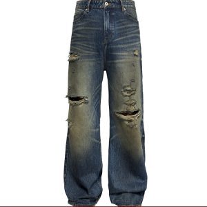 Dark Blue Distressed Jeans with Natural Cat Whiskers | Vintage Aged Denim | 90s Inspired Fashion