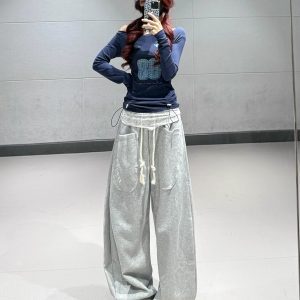 Dark Blue Letter Lace Trim Long Sleeve T-Shirt for Women - Autumn Winter Jazz Dance Top in Trendy Ins Style