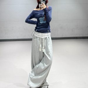 Dark Blue Letter Lace Trim Long Sleeve T-Shirt for Women - Autumn Winter Jazz Dance Top in Trendy Ins Style