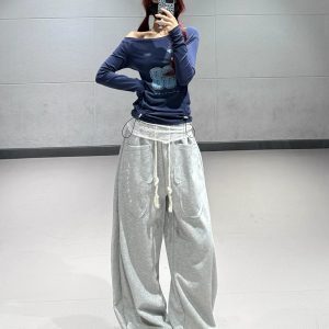 Dark Blue Letter Lace Trim Long Sleeve T-Shirt for Women - Autumn Winter Jazz Dance Top in Trendy Ins Style