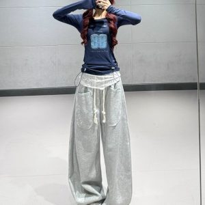 Dark Blue Letter Lace Trim Long Sleeve T-Shirt for Women - Autumn Winter Jazz Dance Top in Trendy Ins Style