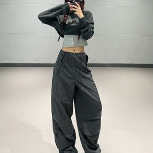 Dark Gray Letter Print Jazz Dance Sweatshirt and Vest Set - Early Autumn Two-Piece Outfit for Y2K and Street Style Fashion