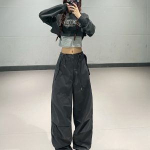 Dark Gray Letter Print Jazz Dance Sweatshirt and Vest Set - Early Autumn Two-Piece Outfit for Y2K and Street Style Fashion